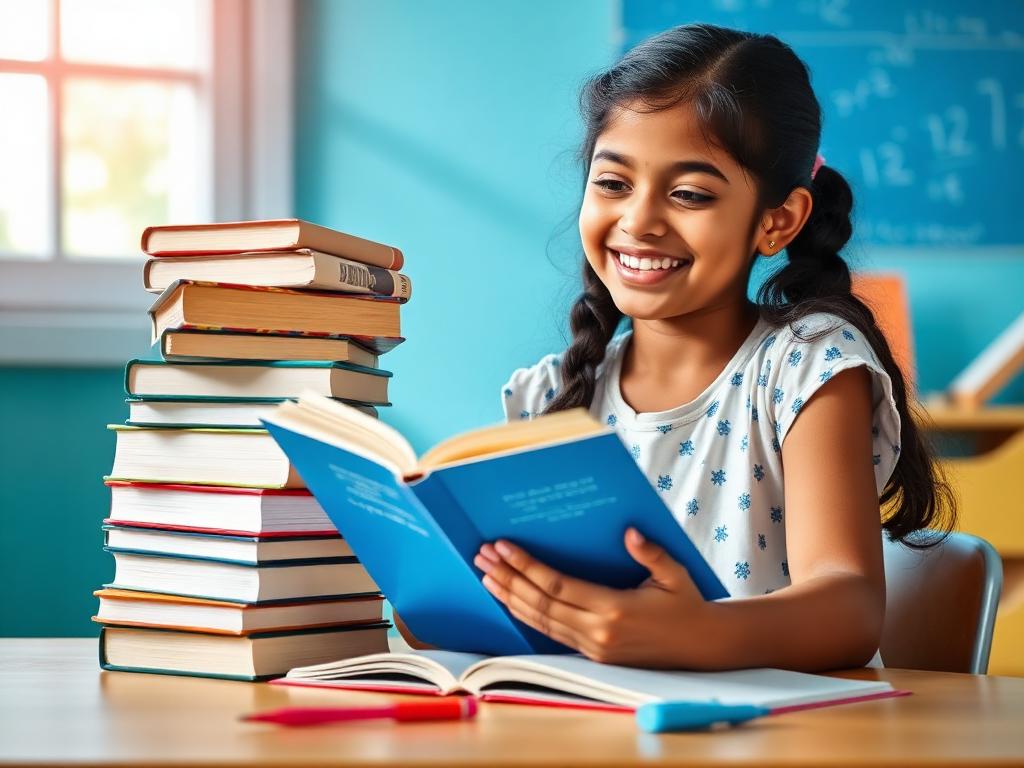 Student happily reading books at a study desk