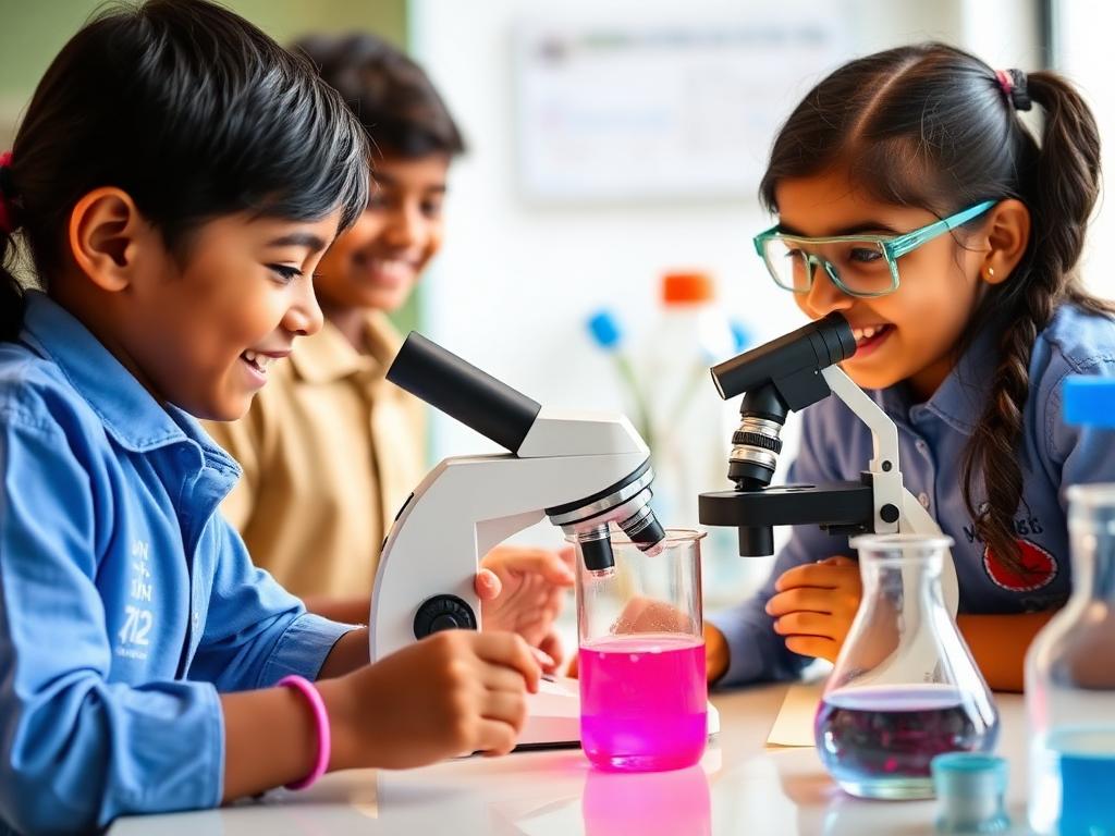 Children doing a science experiment with a microscope